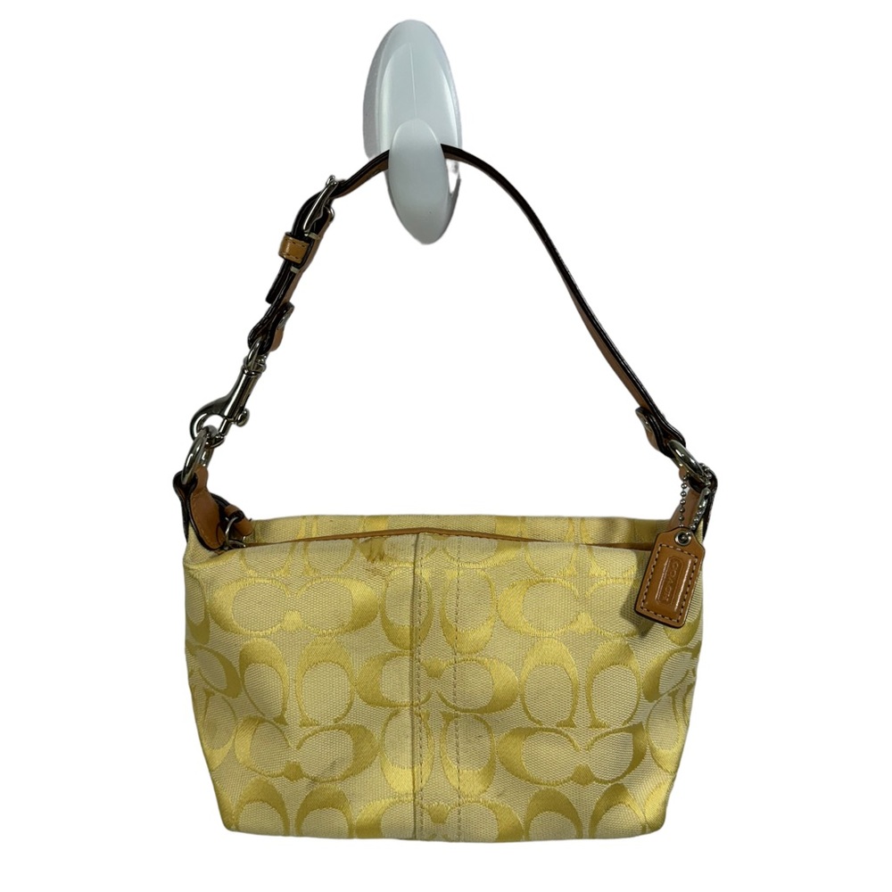 Coach Yellow Jacquard Handbag With Brown Leather Strap